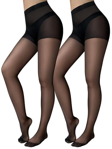 Jamieya 2 Pairs Black Sheer Tights for Women, 20D Control Top Pantyhose Stockings Tummy Control Under Dress (Large, Black)
