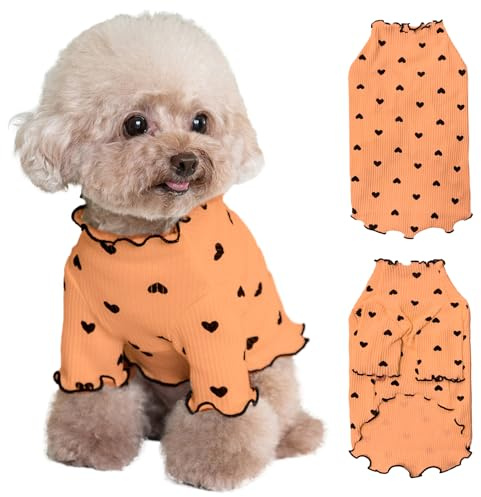 Yaopelky Haustierkleidung für kleine Hunde und Katzen, Sommer, Herbst, Herzmuster, dehnbar, Rüschen, langärmelig, Outfits für Chihuahua, Schnauzer, Shih Tzu, Yorkie (Orange, Größe S)