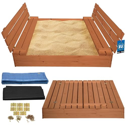 KOTARBAU® Bac à Sable Enfant Extérieur - Bois - 140 x 140 cm - Marron - avec Couvercle et Bancs - Bac à Sable Refermable - Imprégné - avec Tissu Anti-Mauvaises Herbes