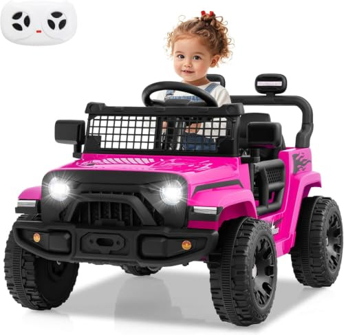 COSTWAY Coche Electrico para Niños 12V, Carro Electrico Infantil con Mando a Distancia 2,4G, 3 Velocidades, Luces LED, Música y Bocina, Coche Todoterreno para Niños de 3+ Años, Carga 30 kg (Rosa)