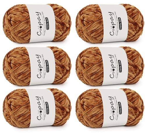 Coopay 6 x 100g Laine Chenille Crochet, Fil Épaisse et Moelleuse, Pelote Chenille Douce et Veloutée, Laine à Tricoter Idéale pour Crochet Tricot Pull, Couverture, Écharpe et Bonnet - Kaki