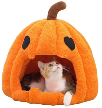 Halloween Pumpkin Cat Beds for Indoor Cats, Cute Pumpkin Shape Cat Cave Bed