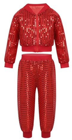 Generisch Conjunto de pantalones harén para mujer y niña, con lentejuelas brillantes, estilo hip hop, ropa de jazz dance performance tops con cremallera completa, rojo, S