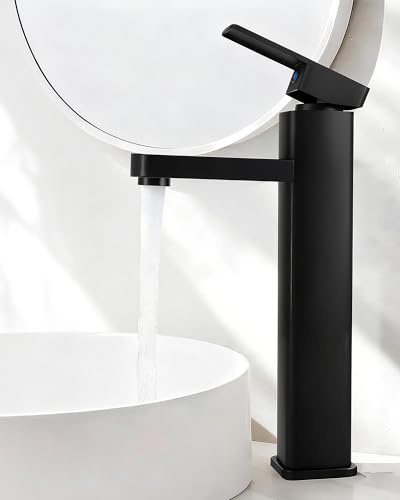 Rubinetto per lavabo alto nero – per bagno – accessori per lavabo in acciaio inossidabile con miscelatore monocomando e altezza di uscita 200 mm con tubo di collegamento da 80 cm, miscelatore
