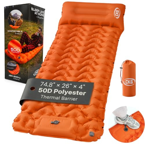 CKG Camping Sleeping Pad with Thermal Barrier, Ultralight Camping Mat 4in Thick with Pillow, Built-in Foot Pump Self Inflating Sleeping Pad for Hiking Tent Road Trip Car Camp Travel Gear, Orange
