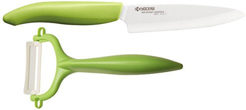 Kyocera GEN GREEN Starterset Keramik Obst- & Gemüsemesser mit Schäler | Klinge 11 cm | ergonomischer Griff | extrem scharfes Küchenmesser und Sparschäler | Kochmesser Profi Messer