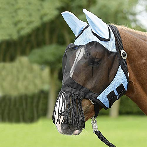 Busse Everline Fly Cover Fransen Masque anti-mouches à franges pour cheval, hellblau/schwarz, Pur-sang
