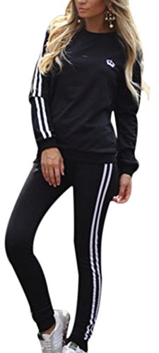 Tidecc Women Tracksuit Set Long Sleeve Stripe Sweatshirt Hoodies+Pants Sports Suits 2PCS Full Tracksuit 3 Colours (UK, Numeric, 6, 8, Regular, Regular, Black)