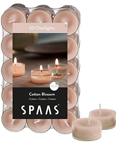 Spaas 30 Duftenden Clearlights, Teelichter mit durchsichtigem Halter, ± 4,5 Stunden - Cotton Blossom, Beige