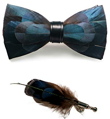 JEMYGINS Pajarita de Plumas de Cuero hecha a Mano para Fiesta de Boda con caja de Regalo para Hombres Mancha blanca verde oscuro 2
