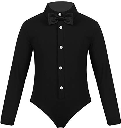 iEFiEL Jungen Ballett Trikot Latein Tanz Body Leotards Overall Kinder Gentleman Anzug Hemd Bluse Body mit Fliege Schwarz 152