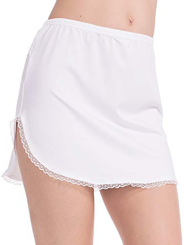 MANCYFIT Half Slip for Women Underskirt Short Mini Skirt Slit Lace Trim White Small