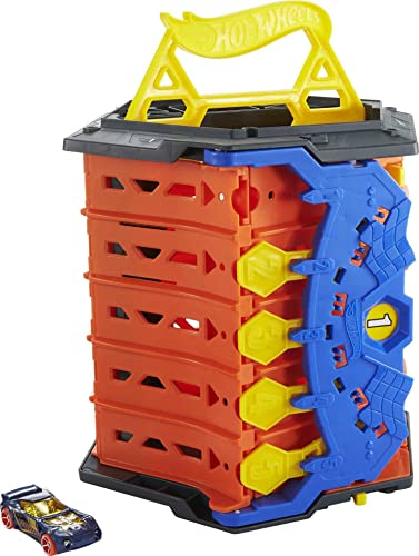 Hot Wheels Roll Out Raceway Track Set, Storage Bucket Unrolls into 5-Lane Racetrack for Multi-Car Play, Connects to Other Sets