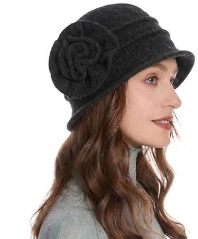 ZLYC 1920 Vintage Sombrero de Campana de Lana Sombreros de Bombín para Mujer(Floral Gris Oscuro)