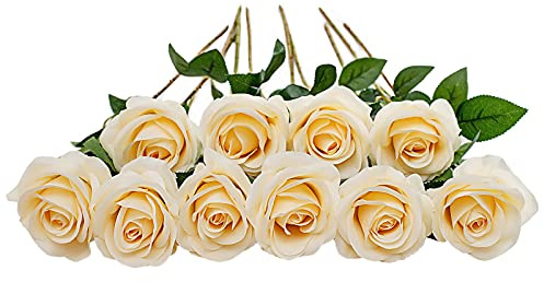 DuHouse Lot de 10 Roses artificielles en Soie avec Longues tiges pour Arrangement de Mariage, Centre de Table, fête, décoration de Cuisine (Champagne Clair)