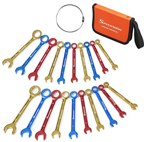 SPEEDWOX 10 st mini kombinationsnyckelset metrisk & SAE färgpläterad öppen och låda ände mini skiftnycklar färgbelagd midget skiftnyckel set med bärbar påse och stor ring (4-11 mm 5/32-7/16 tum)