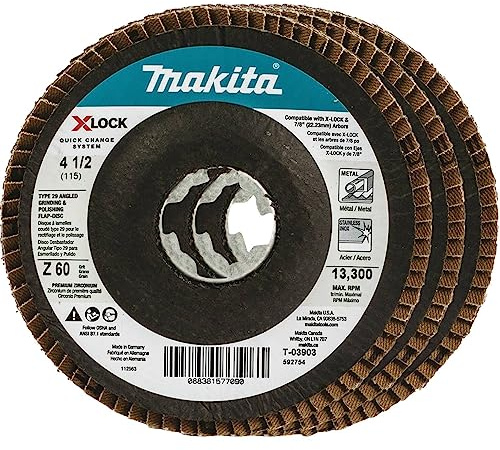 Makita T-03903-3 X-Lock 4‑1/2 60 Grit Type 29 Angled Grinding and Polishing Flap Disc X-Lock and All 7/8 Arbor Grinders, 3/pk