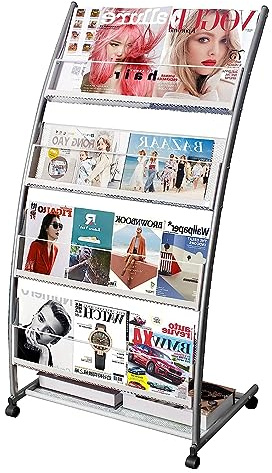 LIWSHWZ Magazine Rack Floor Standing,Brochure Display Stand, 4 Pockets Metal Literature Stand,Newspaper Rack with Wheels for Trade Show Exhibitions Office Retail Store