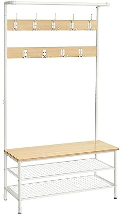 VASAGLE Coat Rack Stand, Large Hall Tree with Bench and Shoe Storage, 9 Hooks, Shoe Rack, Hanging Rail, 41.5 x 100 x 182 cm, for Hallway, Living Room, Bedroom, Oak and White HSR047W09