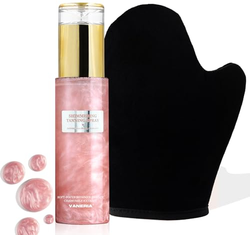 VANERIA Bräunungsspray mit Mica,Selbstbräuner Spray mit Handschuh,Self Tanner,Selbstbräuner Ohne Flecken Verwendet In Beine Gesicht Körper 80ml /2.7 Fl.Oz（Hellrosa）