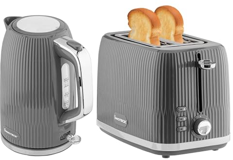 Innoteck Kitchen Pro 1.7L Electric Kettle & Toaster Set - Grey Ridged Textured & Stainless-Steel Body - Toaster with Defrost, Reheat & Cancel Functions - Hot Water Boiler with Auto Shut-Off Functions