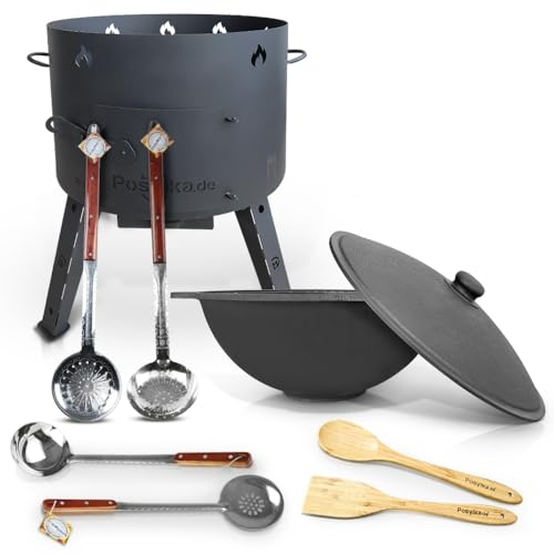 Uchak - Horno de fuego con olla de hierro fundido con tapa (22 L) KazanoFF, horno de hierro fundido Uchag Kazan Kazan Uzbeko, казан camping, cañón gulash holandés (set 22F-1)