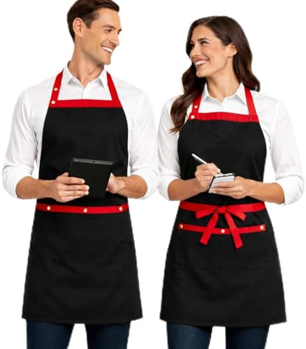 XChef Delantal hombre, delantal mujer. Pack 2 unidades. Bicolor, 2 bolsillos. Sujección corchetes (NEGRO - ROJO)