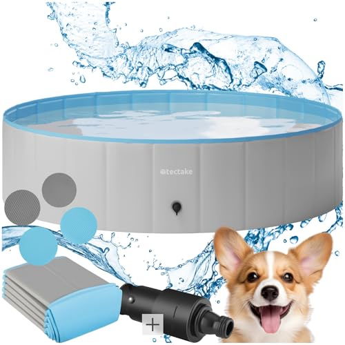 tectake® Piscina per Cani Pieghevole, Fondo Antiscivolo, Pareti Rinforzate, PVC Resistente agli Strappi, con Valvola di Scarico, Piscina Rotonda, Facile da Montare - 120 cm
