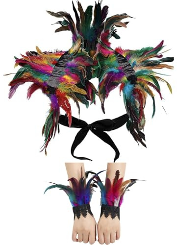 GWAWG Women Natural Feather Cape with Wrist Cuffs Wristband Maleficent Costume Gothic Lacing Shawl Shrug Collar Feather Cape for Halloween Cosplay Christmas Party (Colorful)