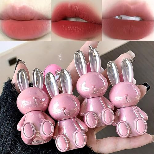 3 Farben matter flüssiger Lippenstift, Cute Rabbit Lip Glaze Kaninchen-Schlüsselanhänger, leichter Lippenstift mit mattem Finish, vollflächige Abdeckung, koreanisches Make-up für Mädchen
