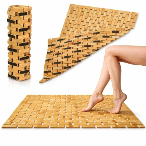 Tapis de bain en bambou 80 x 50 cm – Surface antidérapante, 100 % bambou naturel, séchage rapide, antibactérien – Tapis idéal pour salle de bain, sauna, cuisine – Motif bois naturel