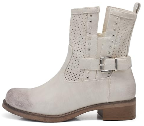 IF Botas de motorista para mujer, perforadas con hebillas para primavera, verano, piel sintética, efecto vaquero, GR-6656