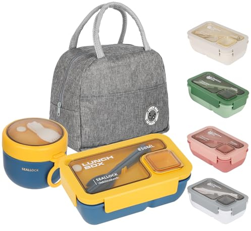 Esilihom Lunch Box Adults, Leakproof Bento Box Set with Lunch Bag, Utensils, Oats Container, for Men Women Student Office School, Food Storage with Fork & Spoon, Blue