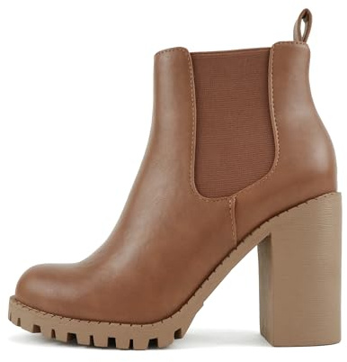 Soda Glove - Ankle Boot w/Lug Sole Elastic Gore and Chunky Heel (Tan Pu, 7)