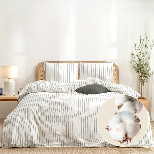 Dreamzie 1 påslakan 155x220 med 1 örngott 80x80 – Randmönster – Sängset i bomull – Dragkedja – Oeko-Tex – Tvättbart 60°C – Sängkläder för 1 person