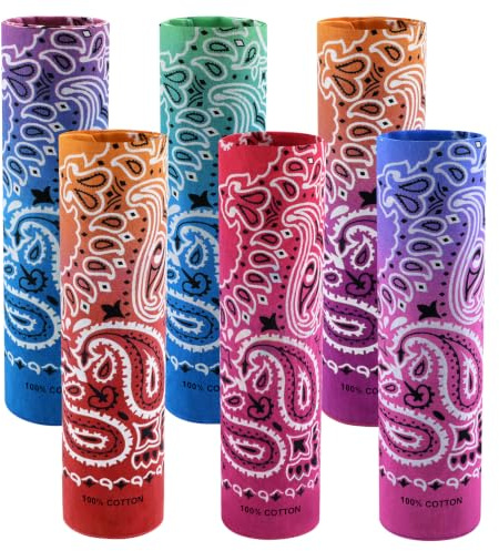 BOUBONI 6 Pack 100% Cotton Bandana Paisley Bandanas Head Ccarf Headband Neckerchief Scarf Handkerchief for Women Men (6, Rainbow)