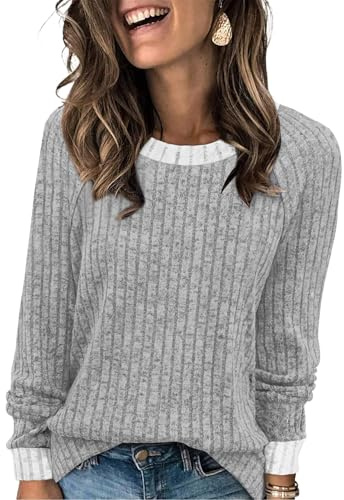 WIHOLL Long Sleeve Tops Women Lightweight Jumpers Ladies Color Block Sweatshirts Casual Womens Tops Size 6-8 Grey