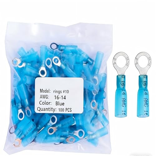 100pcs #10 Blue Heat Shrink Ring Connector,AWG 16-14 Gauge Tinned Red Copper 0.7mm Ring Terminals Connectors Reliable Connection for Easy Electrical Wiring