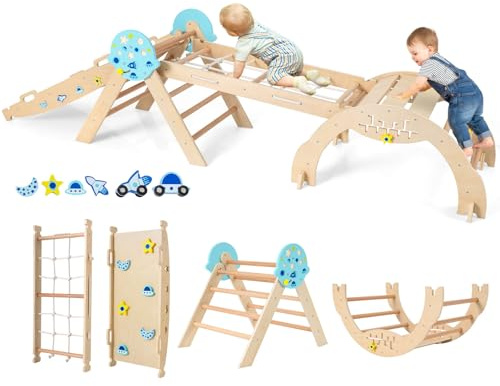 COSTWAY Triángulo de Escalada Interior, Estructura de Escalada Plegable con Tobogán, Arco de Escalar, Triángulo de Madera para Niños de 1+ año (Universo-4 Piezas,Natural)