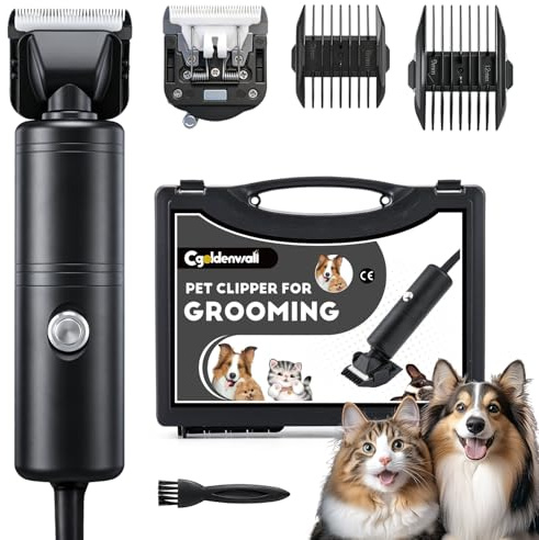 CGOLDENWALL 300W Tosatrice Professionale per Cani, Velocità Senza Passaggi 2000-6000RPM, <50dB Rumore Basso, Cavo 3m, 2 Lame Rimovibili, 2 Pettini (3/6mm,9/12mm) per Cane, Gatto & Tutti i Peli (Nero)