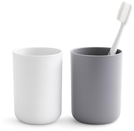 Xosjska 2 Pieces Toothbrush Cup Plastic Bathroom Tumbler Cup Unbreakable Toothbrush Holder Non-Slip Bathroom Mouthwash Cups Reusable Organizer Tumbler Cups for Counter Organizer, 300ml(White & Grey)