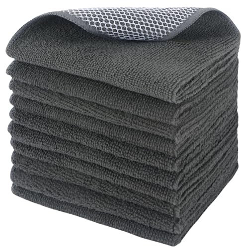 SINLAND Lot de 10 torchons en Microfibre pour Cuisine, Chiffon de Nettoyage avec côté à récurer en Poly, 30,5 x 30,5 cm, Gris foncé