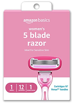 Amazon Basics Women's 5-Blade Razor for Smooth, Close Shave, FITS Amazon Basics Handle and Venus Handles, Ideal for Sensitive Skin, Includes 1 Handle, 12 Cartridges & 1 Shower Holder