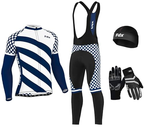 FDX Men's Winter Cycling Suit with Gloves, Socks - Italian Thermal Roubaix Windproof Equin Cycle Clothing Set - Long Sleeve Jersey, 3D Padded Bib Tight for Bicycle Riding, Outdoor Sports(White-XL)