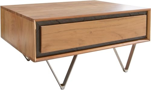 DELIFE Wohnzimmertisch Stonegrace Akazie Natur 80x60 cm 2 Schubladen Steinfurnier Couchtisch