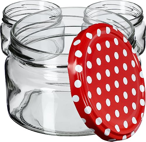 KADAX Tarros pequeños de 250 ml, tarros de mermelada con tapa, tarros herméticos para regalar, minitarros para miel y especias (10 unidades, lunares rojos)