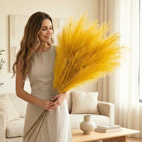 RyddeligHome Gold Pampas Grass Decor, 3 Stems x 115cm/45in