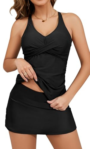 SHEKINI Rembourré Femme Maillot de Bain 2 Pièces Gainant Ventre Plat Tankini Set avec Bikini Jupette Swimsuit Été Beachwear