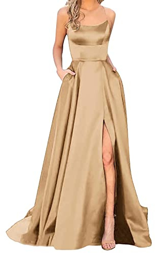 Abito da Ballo Lungo da Donna, Elegante Allacciatura al Collo, Schiena Scoperta, in Raso, Spaghetti, da Sera Con Tasche, Estivo, 4-0115D-Kaki