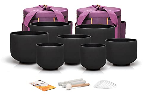 TOPFUND 6-10 432Hz Chakra Set of 7 Black Crystal Singing Bowls with Heavy Duty Carrying Cases and Mallets